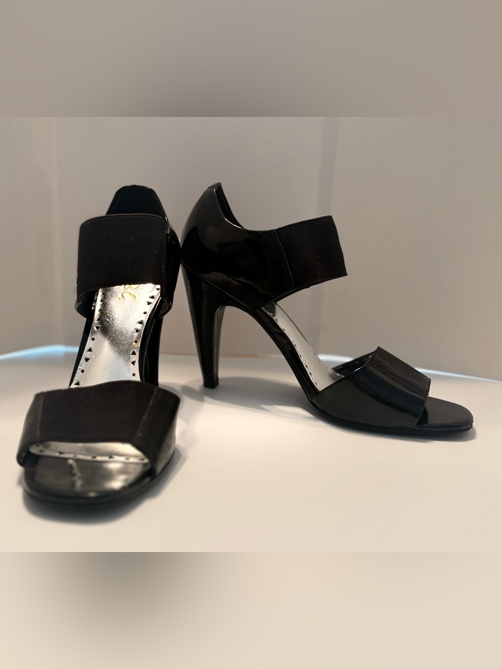 BCBG Black Patent High Heel Sandals with Elastic Straps
